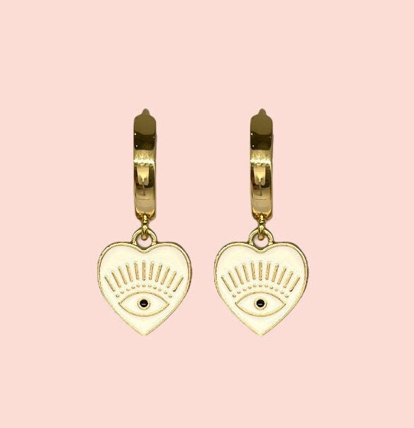 18K Gold Plated White Heart Evil Eye charm Heart Huggies Hoop Earrings