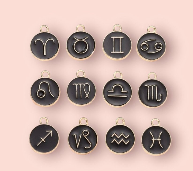 18K Gold Plated Huggies Hoop Earrings with Black & Gold Zodiac Star Birth Sign Charm! Birthday, Astrology