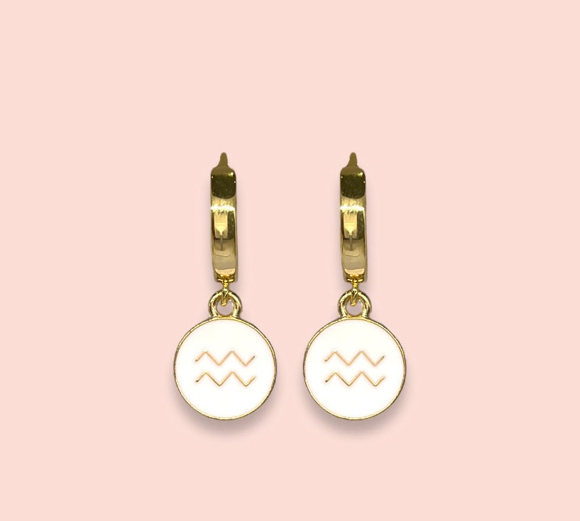 18K Gold Plated Huggies Hoop Earrings with White Zodiac Star Birth Sign Charm! Astrology, Birthday Gift