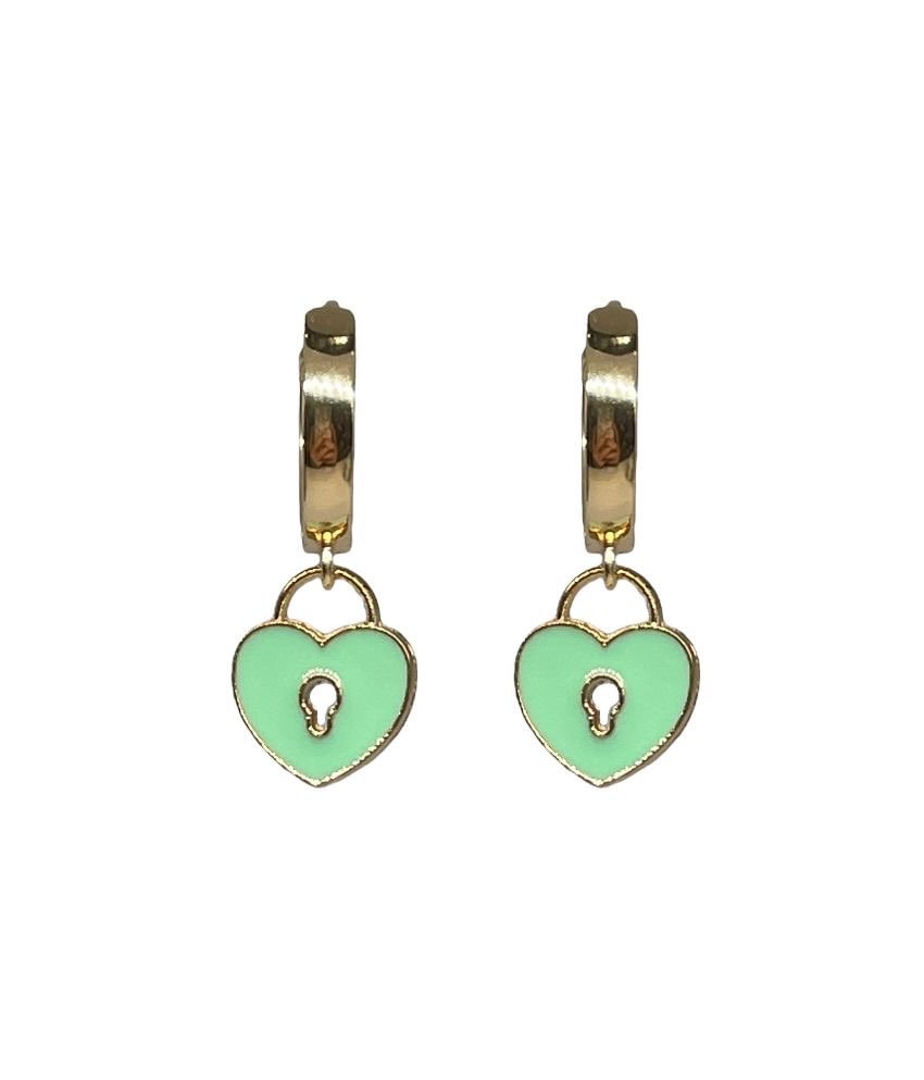 18K Gold Plated Heart Huggies Hoop Earrings - Pink or Green Padlock charm