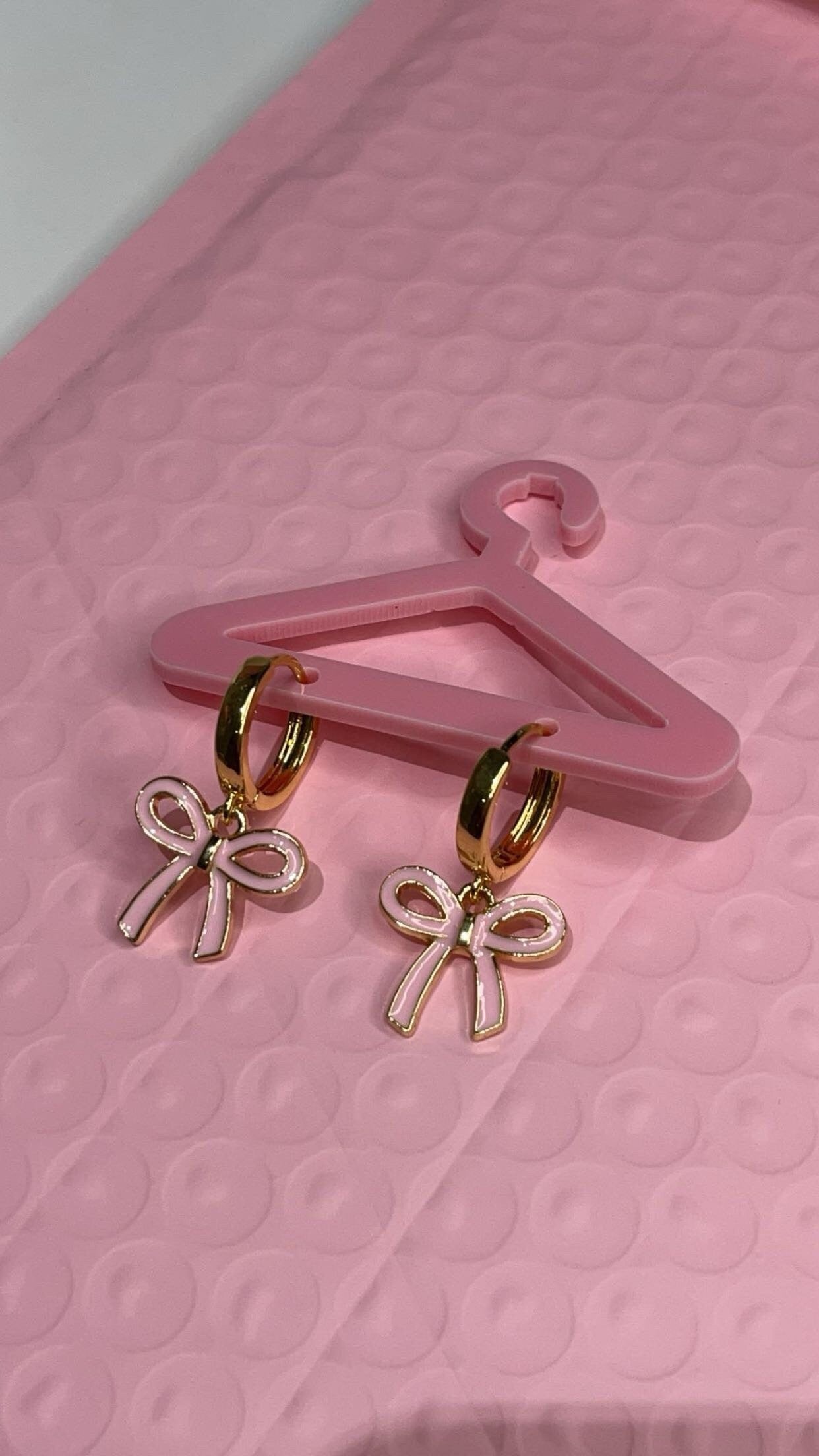 18K Gold Plated Pink Bow Huggies Hoop Earrings!