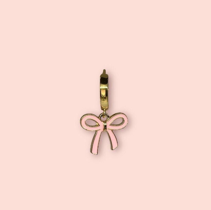 18K Gold Plated Pink Bow Huggies Hoop Earrings!