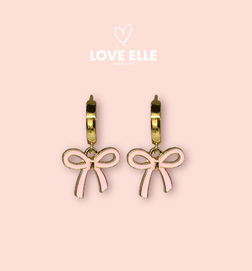 18K Gold Plated Pink Bow Huggies Hoop Earrings!