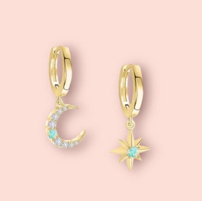 18K Gold Plated Huggies hoop Moon & Star cubic zirconia turquoise opal stone charm Earrings dangly