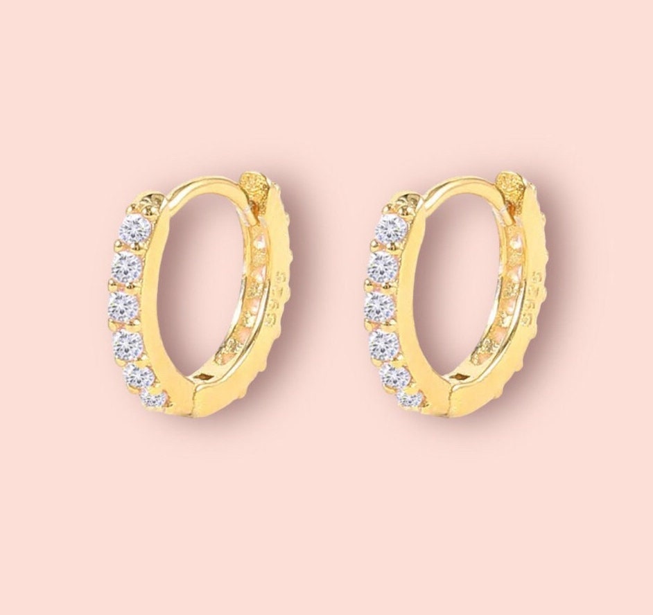 18K Gold Plated Cubic Zirconia Clear Gem Sparkle mini Hoop Earrings