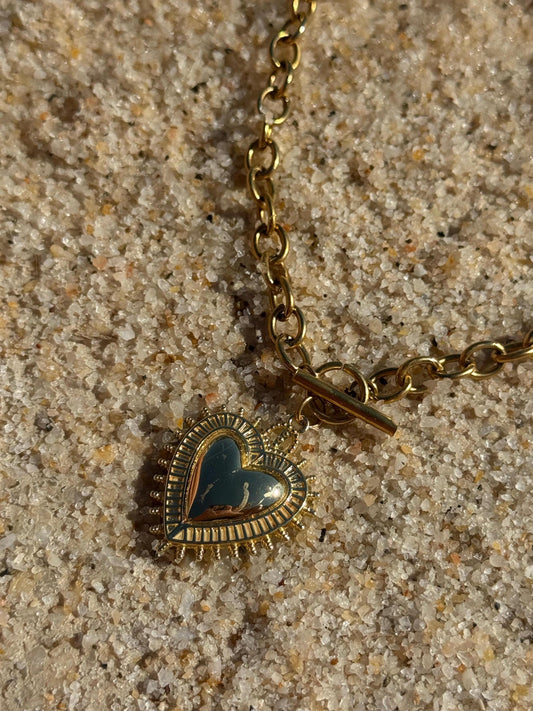 18K Gold Plated T Bar Heart Charm Waterproof Necklace Chain