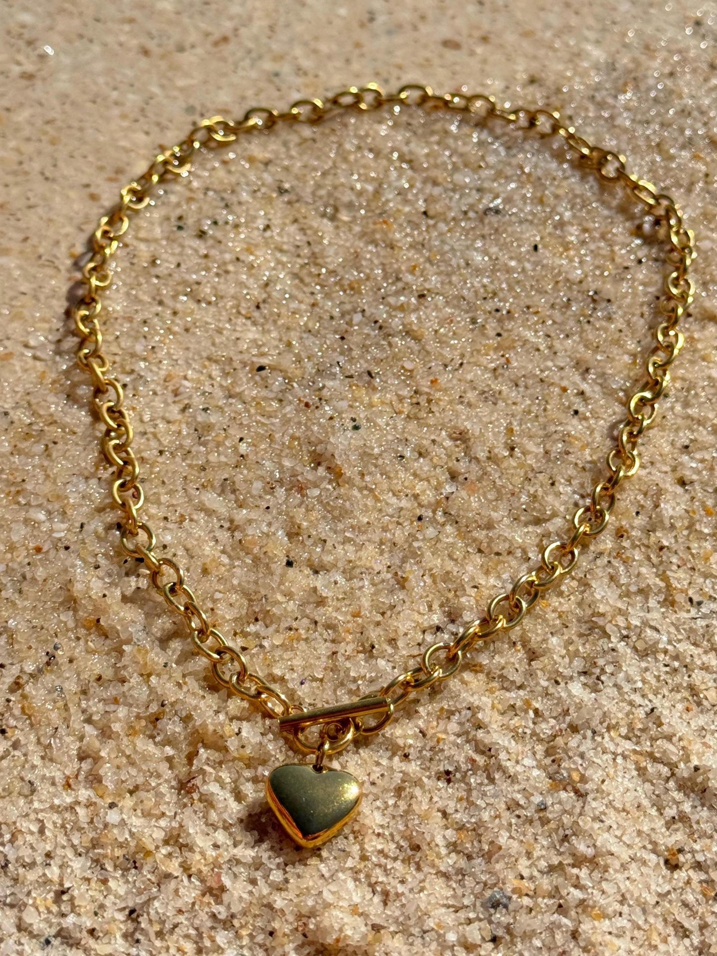 18K Gold Plated T Bar Solid Heart Charm Waterproof Necklace Chain
