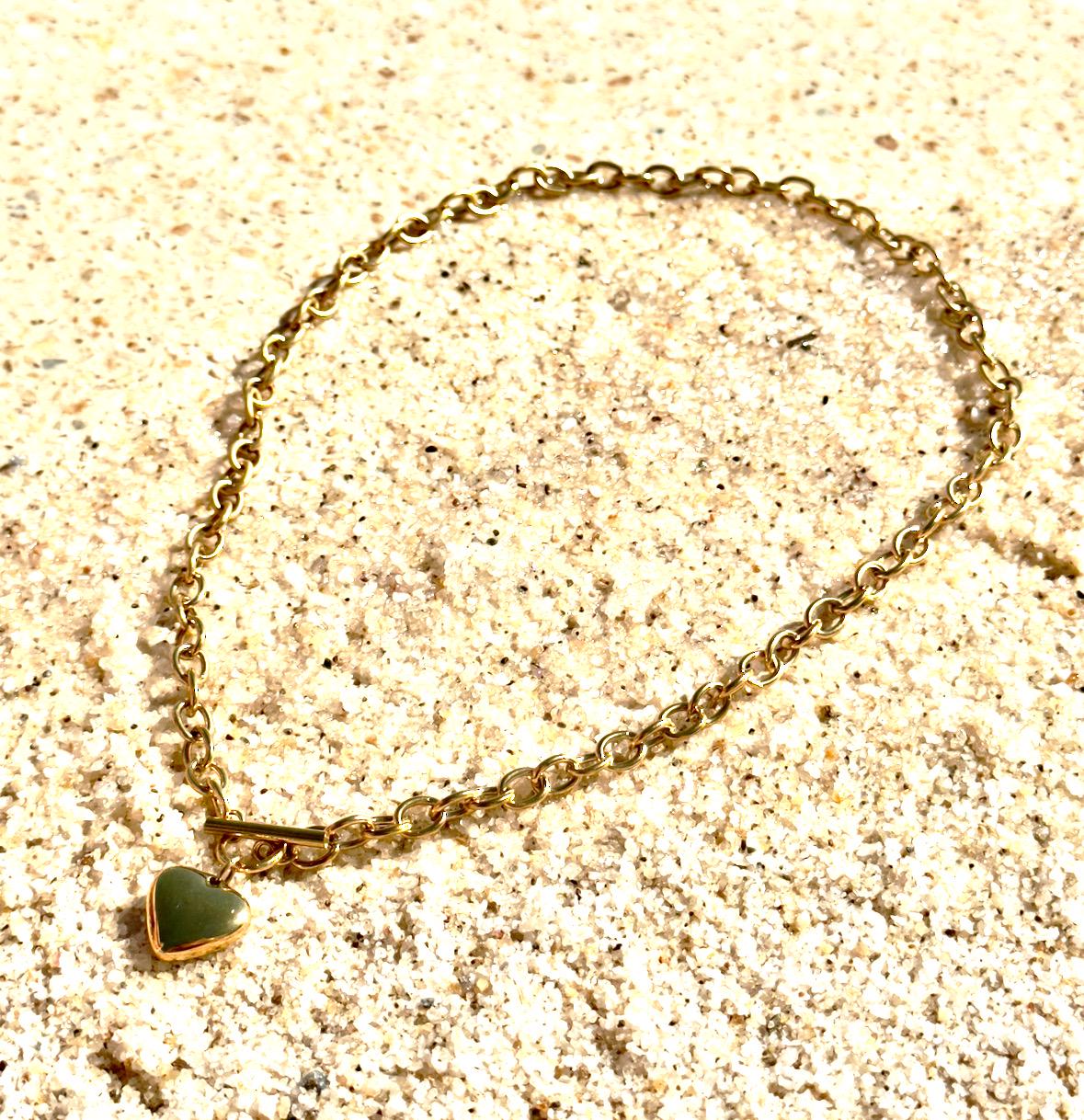 18K Gold Plated T Bar Solid Heart Charm Waterproof Necklace Chain