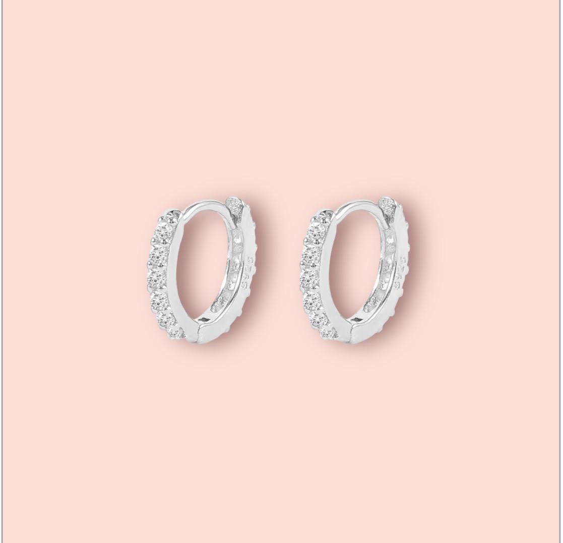 925 Sterling Silver Cubic Zirconia Clear Gem Sparkle 9mm mini Hoop Earrings