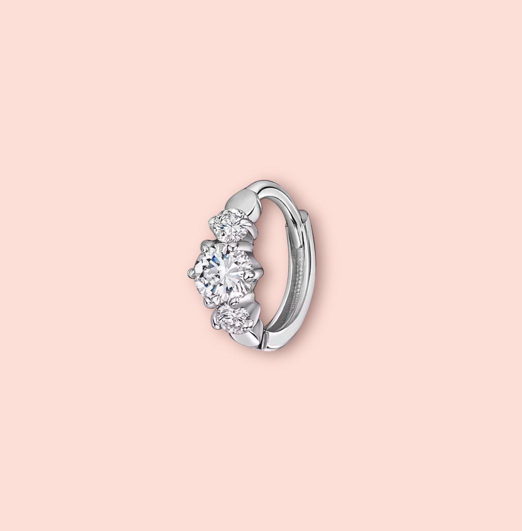 925 Sterling Silver 8mm Mini Triple Gem Earring/ Cartilage Tragus Helix Huggie hoop with sparkly cubic zirconia stones!