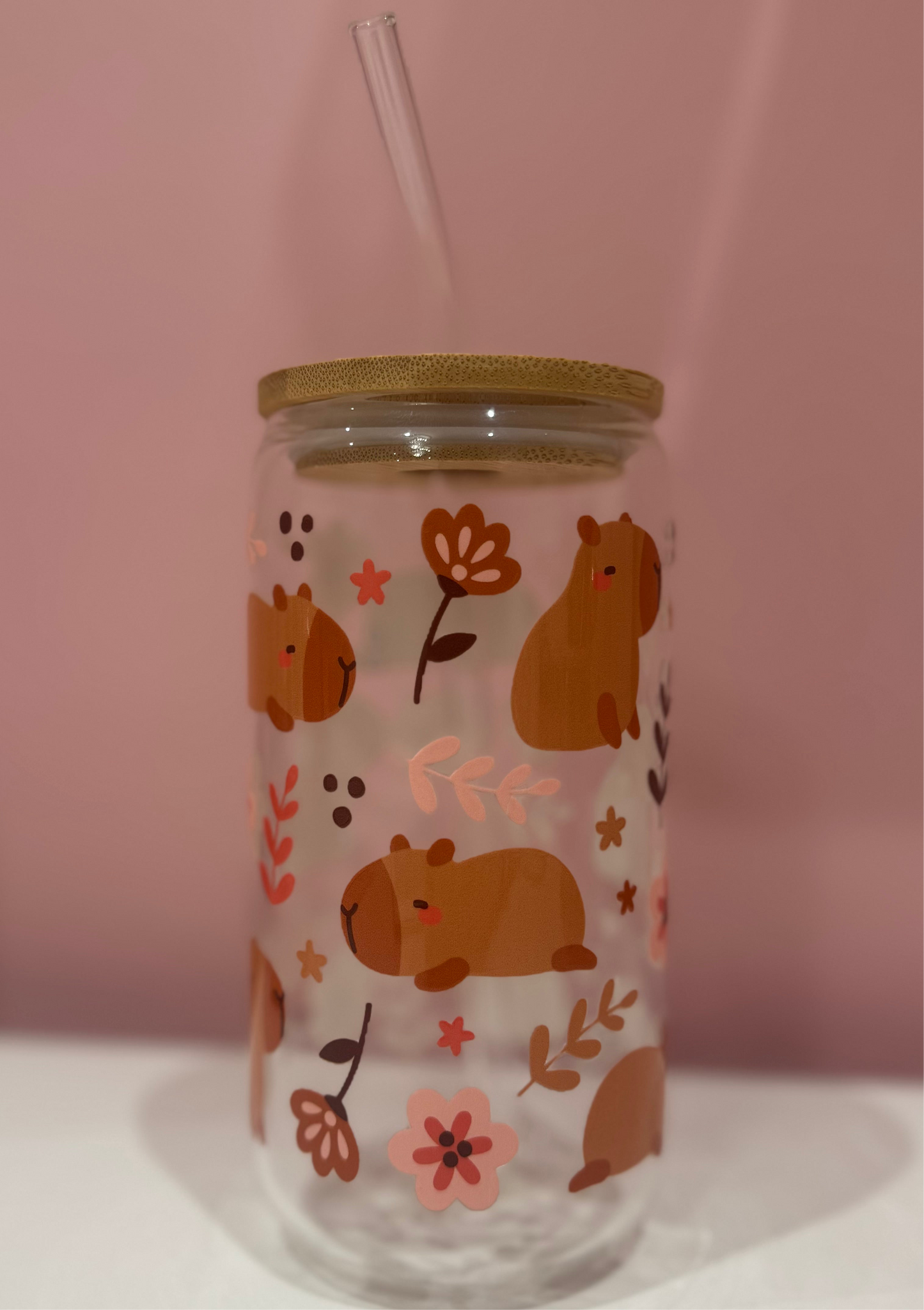 16oz Glass Cup with Bamboo Lid & Glass Straw Reusable Portable Drinkware Cute Design UVDTF Transfer Water Bottles Mug Bamboo Drinkware Bottle Water Bottles Mug Tumbler Portable Reusable Bottled Lid