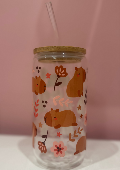 16oz Glass Cup with Bamboo Lid & Glass Straw Reusable Portable Drinkware Cute Design UVDTF Transfer Water Bottles Mug Bamboo Drinkware Bottle Water Bottles Mug Tumbler Portable Reusable Bottled Lid