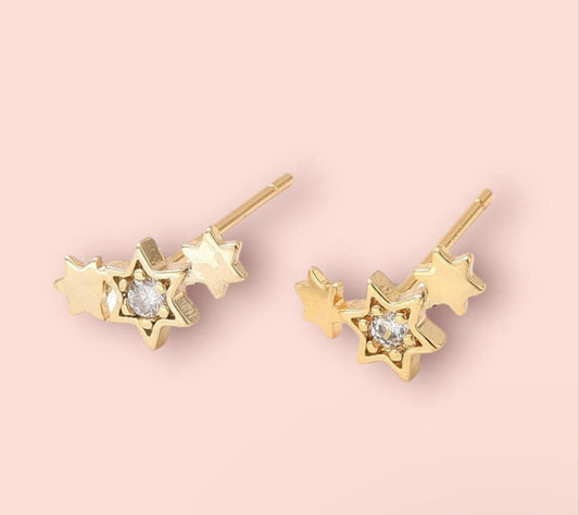 18K Gold Plated Triple Shooting Star sparkly cubic zirconia stud earrings
