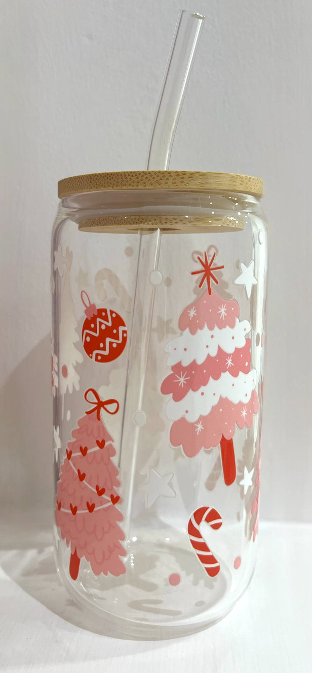 Christmas 16oz Glass Cup with Bamboo Lid & Glass Straw Reusable Portable Drinkware Cute Design UVDTF Transfer Water Bottles Mug Bamboo Drinkware Bottle Water Bottles Mug Tumbler Portable Reusable Bottled Lid