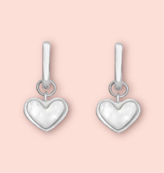 White Shell Heart Huggies 925 Sterling Silver hoop earrings Wedding jewellery