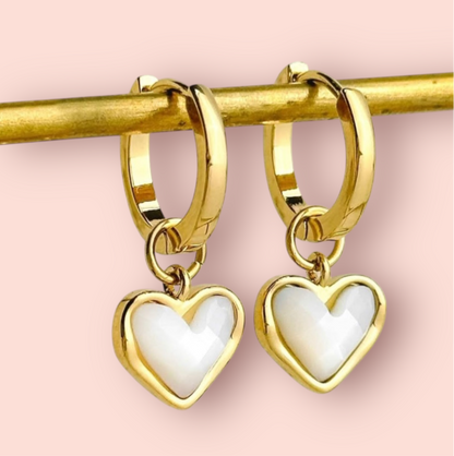 White Shell Heart Huggies hoop earrings 18K Gold Plated Wedding jewellery