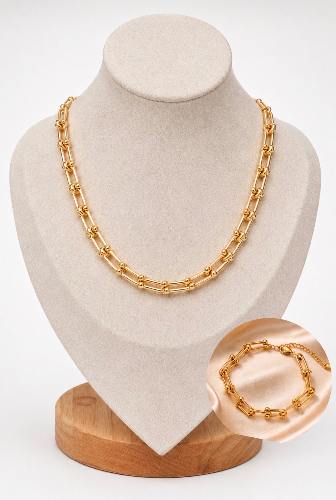 18K Gold Plated Link Hardware Paperclip Chain Necklace & Bracelet Jewellery Set