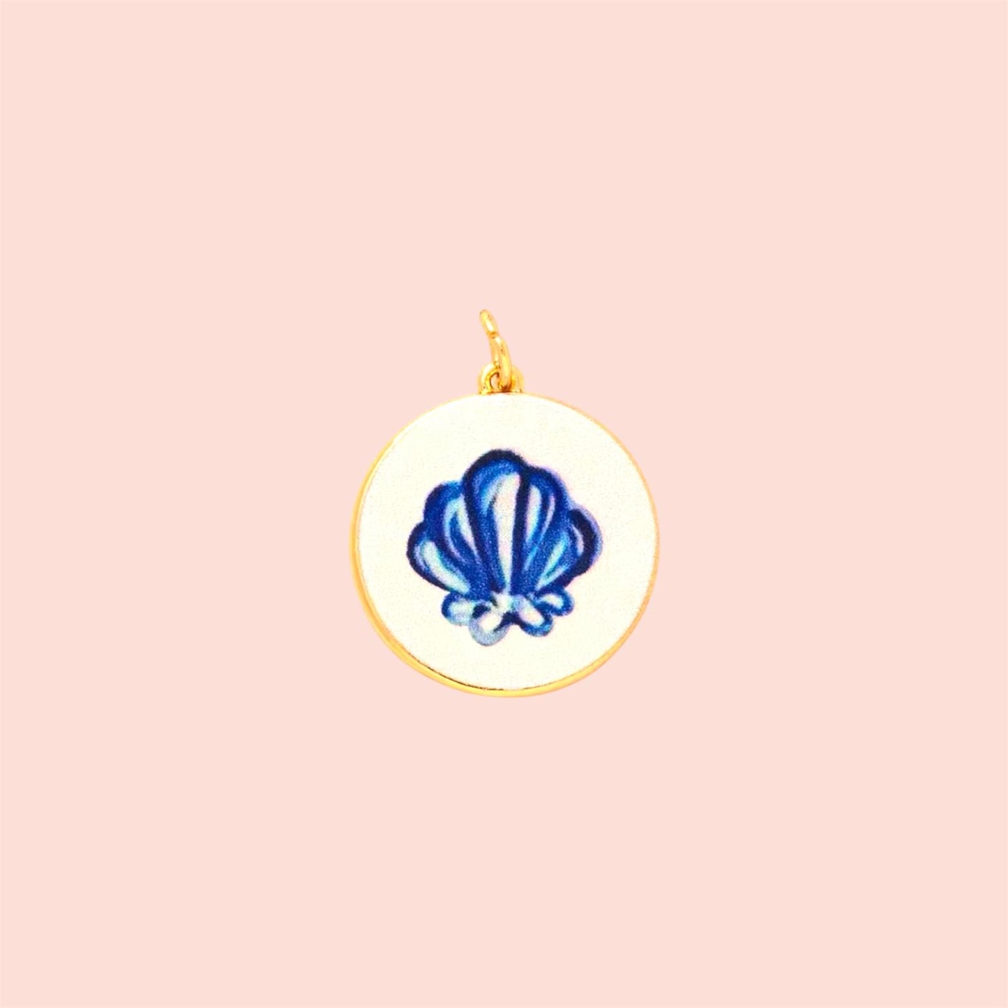 18K Gold Plated Hand painted blue & white Scallop Shell Enamel Charm