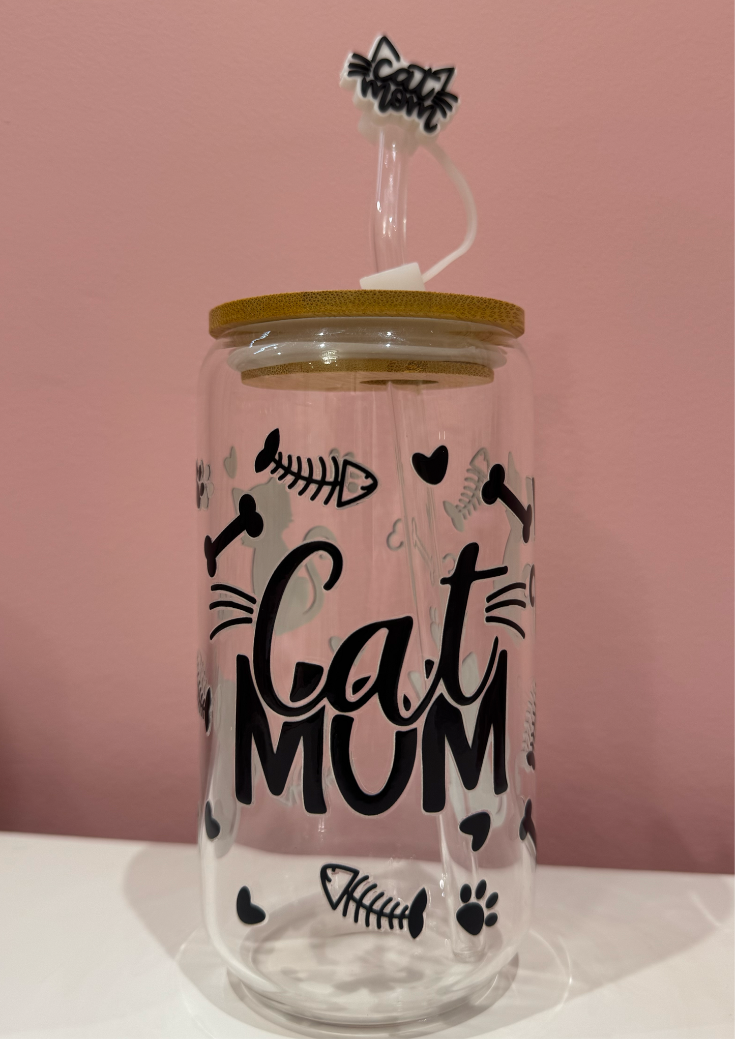 16oz Glass Cup with Bamboo Lid & Glass Straw Reusable Portable Drinkware Cute Design UVDTF Transfer Water Bottles Mug Bamboo Drinkware Bottle Water Bottles Mug Tumbler Portable Reusable Bottled Lid
