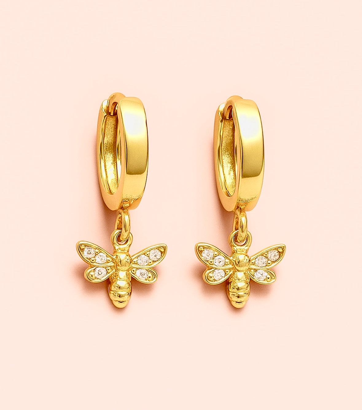 18K Gold Plated Bee Charm Huggies Hoop Cubic Zirconia Earrings dangly