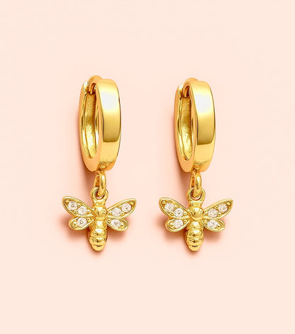 18K Gold Plated Bee Charm Huggies Hoop Cubic Zirconia Earrings dangly