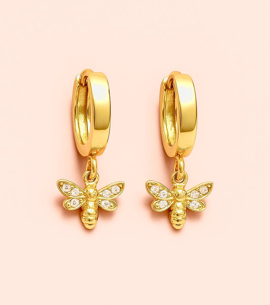 18K Gold Plated Bee Charm Huggies Hoop Cubic Zirconia Earrings dangly