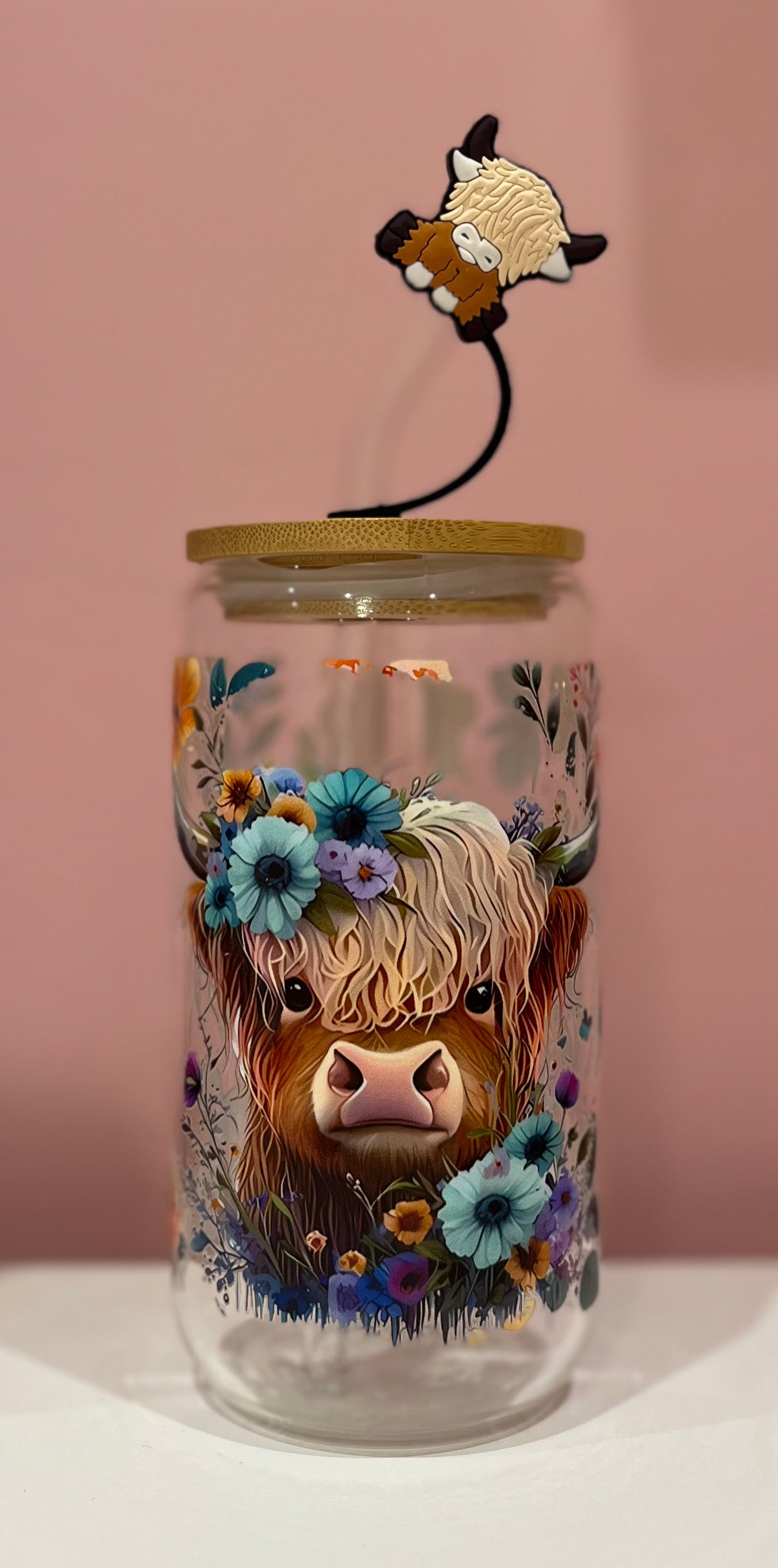 16oz Glass Cup with Bamboo Lid & Glass Straw Reusable Portable Drinkware Cute Design UVDTF Transfer Water Bottles Mug Bamboo Drinkware Bottle Water Bottles Mug Tumbler Portable Reusable Bottled Lid