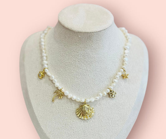 Freshwater Pearl 18K Gold Plated Costal Charm Necklace