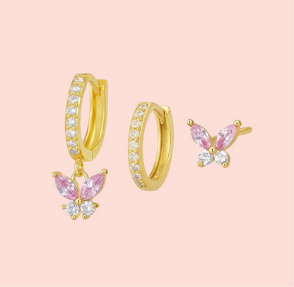 Pink Butterfly Triple Stacking set - 18K Gold Plated Huggies hoops & stud 3 piece stacking set ~ cubic zirconia stone charm earrings