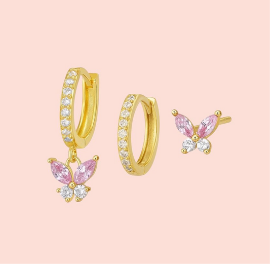 Pink Butterfly Triple Stacking set - 18K Gold Plated Huggies hoops & stud 3 piece stacking set ~ cubic zirconia stone charm earrings