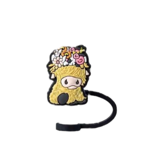 Floral Highland Cow Straw Topper