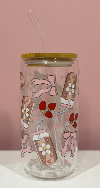16oz Glass Cup with Bamboo Lid & Glass Straw Reusable Portable Drinkware Cute Design UVDTF Transfer Water Bottles Mug Bamboo Drinkware Bottle Water Bottles Mug Tumbler Portable Reusable Bottled Lid