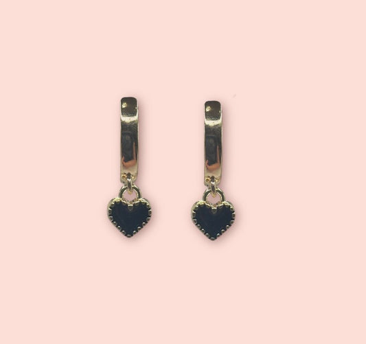 18K Gold Plated Mini Heart Huggies Hoop Earrings - Black & Gold