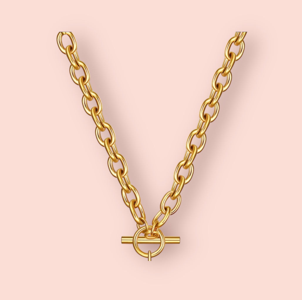 18K Gold Plated T Bar Heart Charm Waterproof Necklace Chain