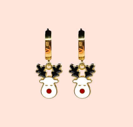 18K Gold Plated Huggies Hoop Earrings with Reindeer Charm - Christmas Festive dangly