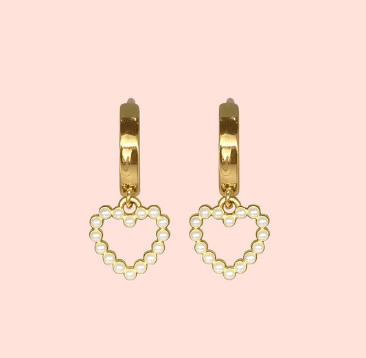 18K Gold Plated Heart Huggies Hoop Earrings - White pearl heart charm Taylor Swift Swifty