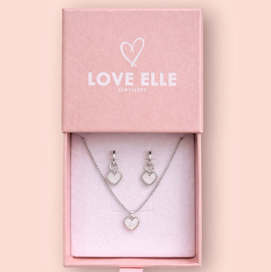 Jewellery Set - White Quartz Heart 925 Sterling Silver Chain Necklace & matching Huggie hoop earrings - Wedding jewellery