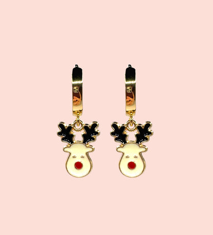 18K Gold Plated Huggies Hoop Earrings with Reindeer Charm - Christmas Festive dangly