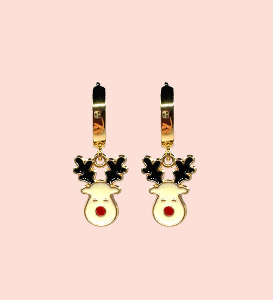18K Gold Plated Huggies Hoop Earrings with Reindeer Charm - Christmas Festive dangly
