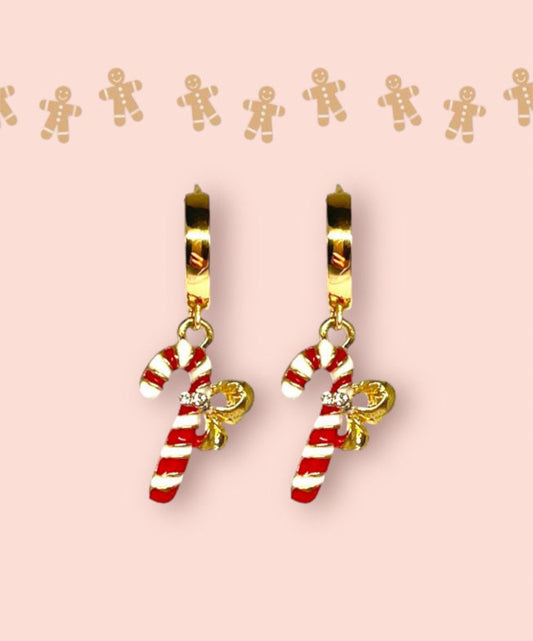 18K Gold Plated Huggies Hoop Earrings with Candy Cane charm - Christmas Festive dangly