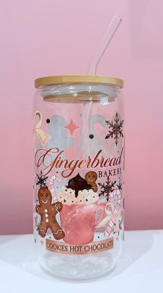 Christmas 16oz Glass Cup with Bamboo Lid & Glass Straw Reusable Portable Drinkware Cute Design UVDTF Transfer Water Bottles Mug Bamboo Drinkware Bottle Water Bottles Mug Tumbler Portable Reusable Bottled Lid