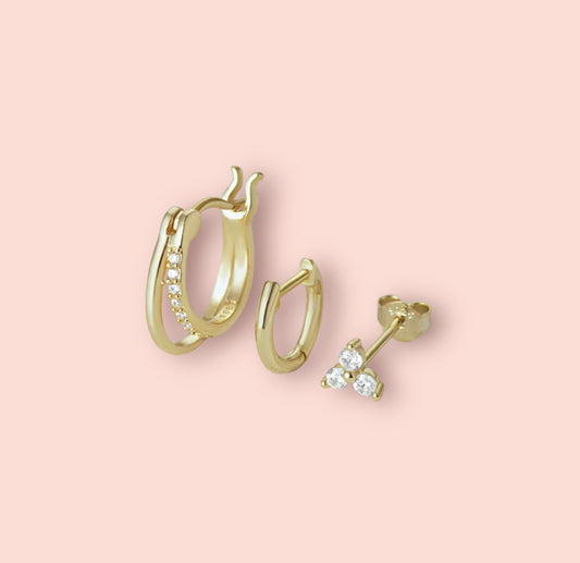 Beau Triple Stacking set - 18K Gold Plated Huggies hoops & stud 3 piece stacking set ~ cubic zirconia stone charm earrings