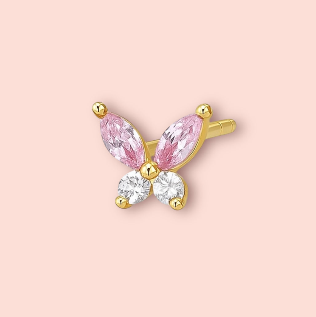 Pink Butterfly Triple Stacking set - 18K Gold Plated Huggies hoops & stud 3 piece stacking set ~ cubic zirconia stone charm earrings