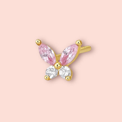Pink Butterfly Triple Stacking set - 18K Gold Plated Huggies hoops & stud 3 piece stacking set ~ cubic zirconia stone charm earrings