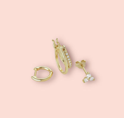 Beau Triple Stacking set - 18K Gold Plated Huggies hoops & stud 3 piece stacking set ~ cubic zirconia stone charm earrings