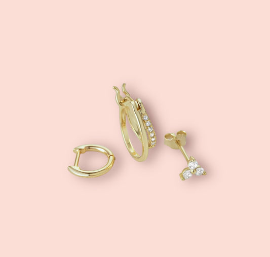 Beau Triple Stacking set - 18K Gold Plated Huggies hoops & stud 3 piece stacking set ~ cubic zirconia stone charm earrings