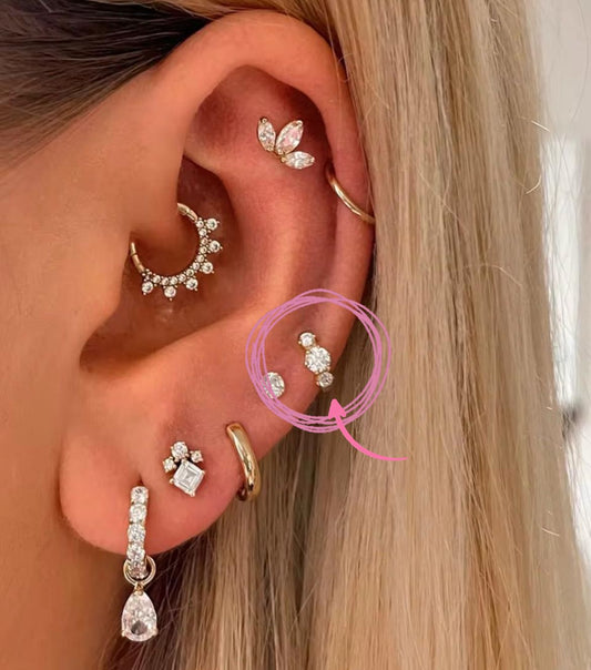925 Sterling Silver 8mm Mini Triple Gem Earring/ Cartilage Tragus Helix Huggie hoop with sparkly cubic zirconia stones!