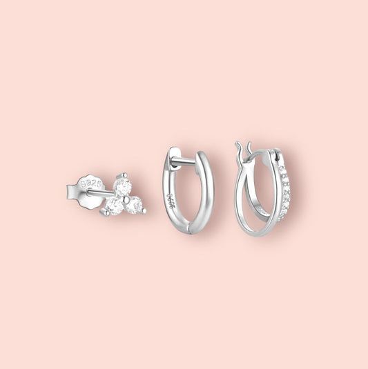 Beau Triple Stacking set - 925 Sterling Silver Huggies hoops & stud 3 piece stacking set ~ cubic zirconia stone charm earrings