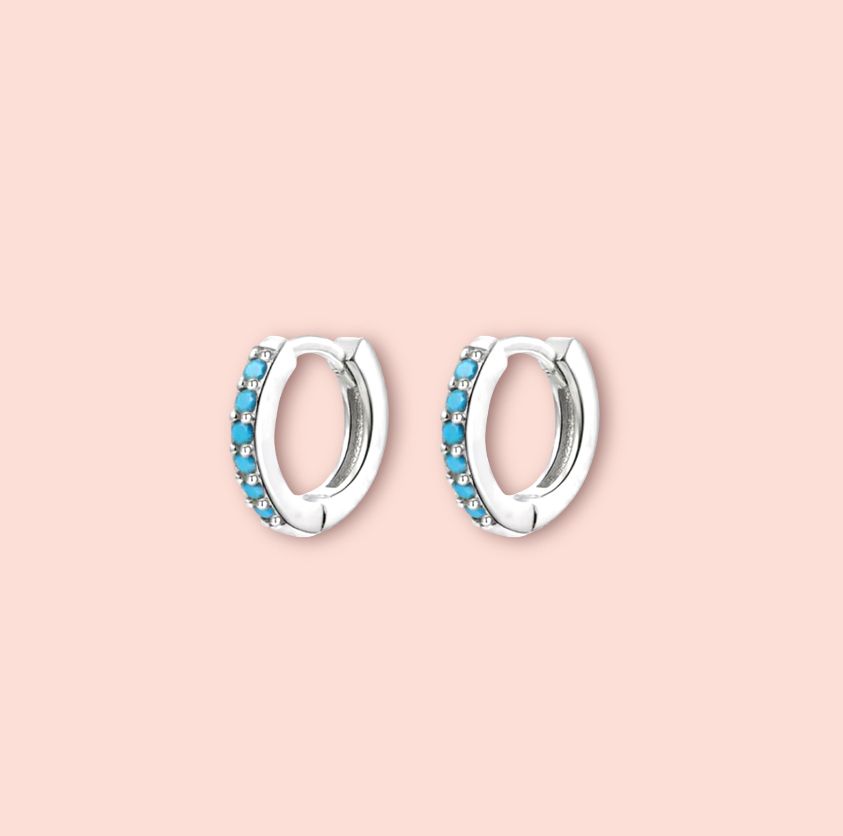 925 Sterling Silver Cubic Zirconia Turquoise Gem 11mm mini Hoop Earrings