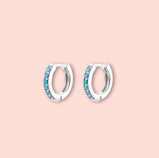 925 Sterling Silver Cubic Zirconia Turquoise Gem 11mm mini Hoop Earrings
